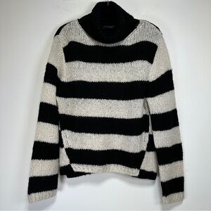 Oui Black Cream Striped Mohair Blend Turtleneck Sweater Chunky Knit Size 6